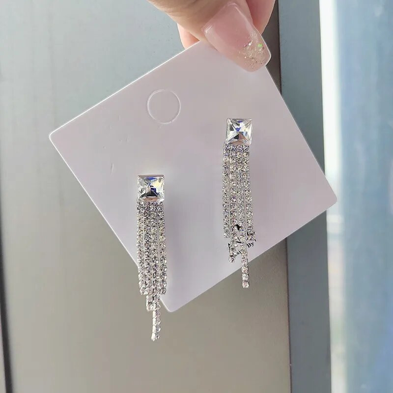Strasszos cirkon négyzet alakú rúd hosszú cérna bojtos csepp fülbevaló nőknek Fényes geometrikus koreai fülbevaló Divat csillogó ékszerek