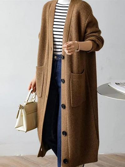 Vintage elegáns V-nyakú, egysoros, hosszú kötött kardigán őszi téli vastag meleg hosszú ujjú zsebek kabát Női alkalmi felsők