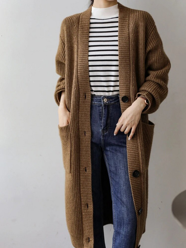 Vintage elegáns V-nyakú, egysoros, hosszú kötött kardigán őszi téli vastag meleg hosszú ujjú zsebek kabát Női alkalmi felsők