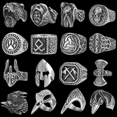 Винтидж мъжки викинг пръстен с гарван от неръждаема стомана Nordic Fashion Amulet Teen Multistyle Viking Jewelry Висулка Аксесоар за подарък