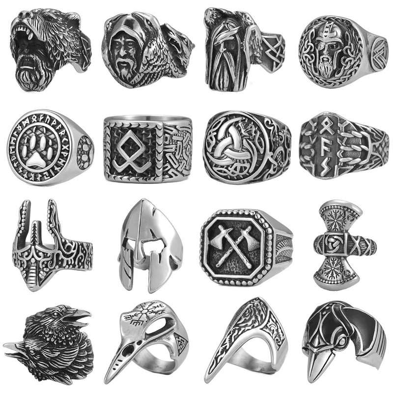Винтидж мъжки викинг пръстен с гарван от неръждаема стомана Nordic Fashion Amulet Teen Multistyle Viking Jewelry Висулка Аксесоар за подарък