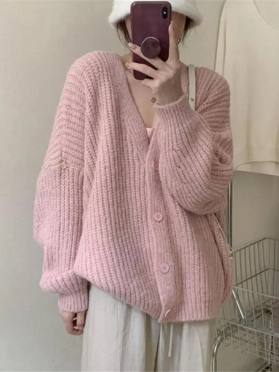 Γυναικεία ζακέτα φαρδιά πλεξίματος 5 χρωμάτων Μακρυμάνικο πλεκτό μπουφάν Leisure Φθινόπωρο Απλό Βασικό Μόδα Ζεστό πουλόβερ σε κορεατικό στυλ