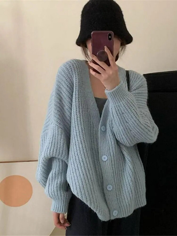 Γυναικεία ζακέτα φαρδιά πλεξίματος 5 χρωμάτων Μακρυμάνικο πλεκτό μπουφάν Leisure Φθινόπωρο Απλό Βασικό Μόδα Ζεστό πουλόβερ σε κορεατικό στυλ