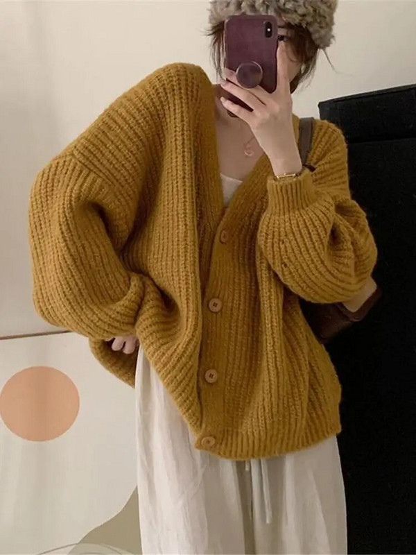 Γυναικεία ζακέτα φαρδιά πλεξίματος 5 χρωμάτων Μακρυμάνικο πλεκτό μπουφάν Leisure Φθινόπωρο Απλό Βασικό Μόδα Ζεστό πουλόβερ σε κορεατικό στυλ