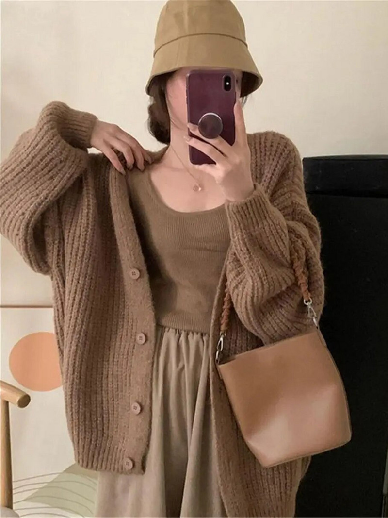 Γυναικεία ζακέτα φαρδιά πλεξίματος 5 χρωμάτων Μακρυμάνικο πλεκτό μπουφάν Leisure Φθινόπωρο Απλό Βασικό Μόδα Ζεστό πουλόβερ σε κορεατικό στυλ