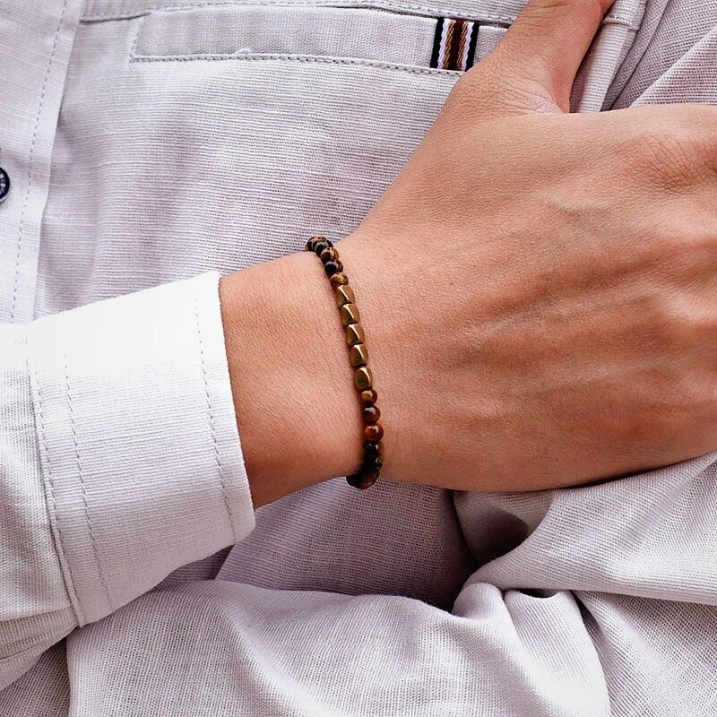 Antik kézzel készített 4 mm-es természetes kő gyöngyök karkötő kis réz gyöngyös tigrisszem hematit karkötő férfiaknak karszalag ékszer Homme