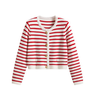 Rudens ziemas svītrains džemperis, īss jaciņš sievietēm, korejiešu ikdienišķs, o-veida kakla adījums Gilet, jauns, mīksts, mīksts trikotāžas tops ar garām piedurknēm