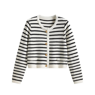 Rudens ziemas svītrains džemperis, īss jaciņš sievietēm, korejiešu ikdienišķs, o-veida kakla adījums Gilet, jauns, mīksts, mīksts trikotāžas tops ar garām piedurknēm