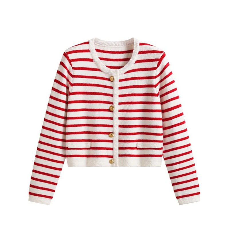 Rudens ziemas svītrains džemperis, īss jaciņš sievietēm, korejiešu ikdienišķs, o-veida kakla adījums Gilet, jauns, mīksts, mīksts trikotāžas tops ar garām piedurknēm