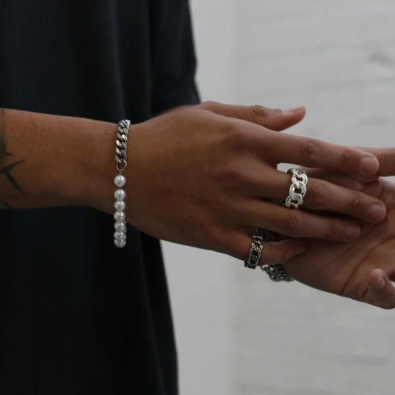 2021. aasta kuumad trendikad helmed, meeste käevõru imitatsiooniga pärlihelmestega roostevabast terasest kuuba keti käevõru meestele, ehe kingitus