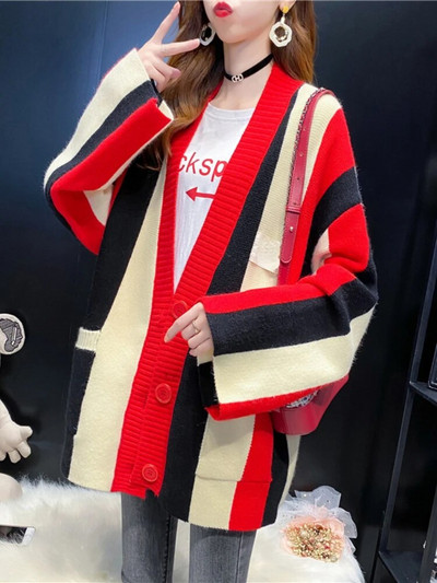 Női kardigán 2023 őszi téli laza pulóver kabát csíkos színben illő kötött kardigán hosszú ujjú felsők női ruházat