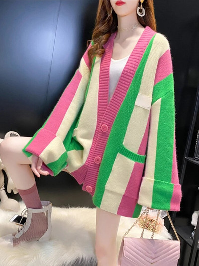 Női kardigán 2023 őszi téli laza pulóver kabát csíkos színben illő kötött kardigán hosszú ujjú felsők női ruházat