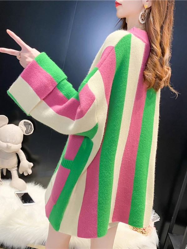 Női kardigán 2023 őszi téli laza pulóver kabát csíkos színben illő kötött kardigán hosszú ujjú felsők női ruházat