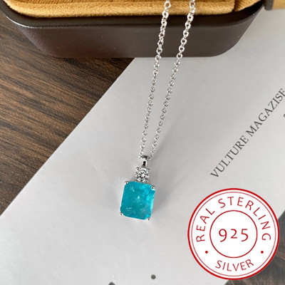 2022 НОВО 925 стерлинги S925 Сребро 9*10MM Synthesi Paraiba Tourmaline Gemstone Колиета с висулка за жени Искрящи фини бижута