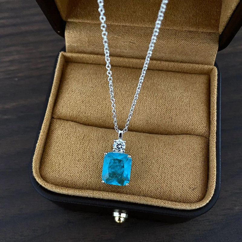 2022. gada JAUNA 925 sterliņu mārciņu S925 sudraba 9 x 10 mm Synthesi Paraiba turmalīna dārgakmeņu kulonu kaklarotas Sieviešu mirdzošām, smalkām rotaslietām