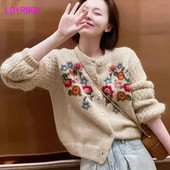 Heavy Industry Small Figure Ebroidery Small Flower Knitted Sweater Cardigan Παλτό Φθινοπωρινό και Χειμώνα Τοπ
