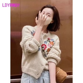 Heavy Industry Small Figure Ebroidery Small Flower Knitted Sweater Cardigan Παλτό Φθινοπωρινό και Χειμώνα Τοπ