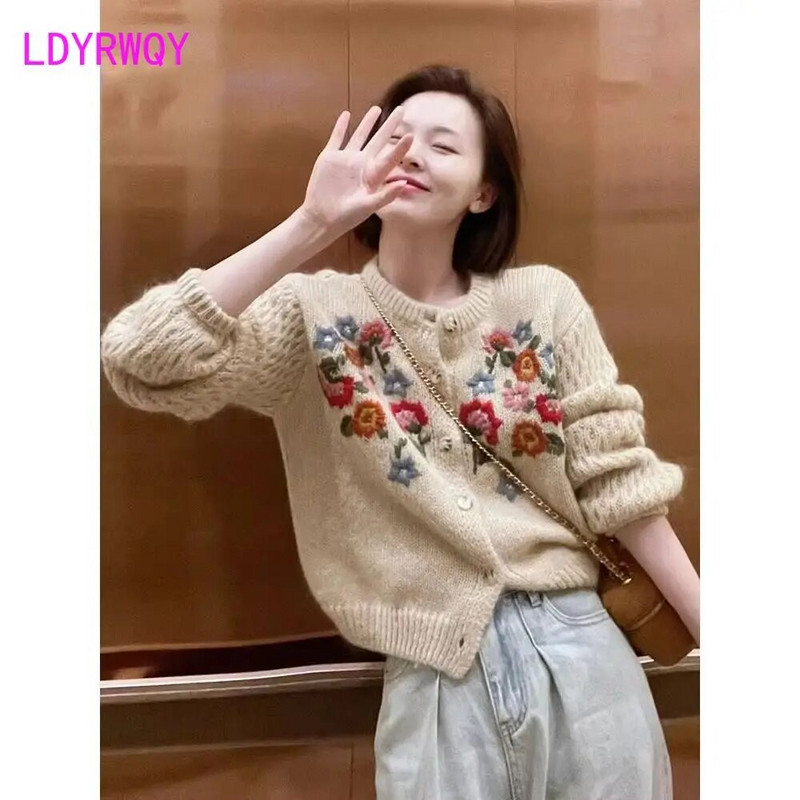 Heavy Industry Small Figure Ebroidery Small Flower Knitted Sweater Cardigan Παλτό Φθινοπωρινό και Χειμώνα Τοπ