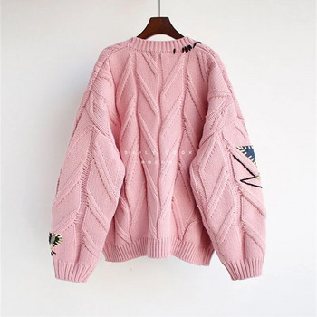 Μόδα ροζ πλεκτό πουλόβερ 2023 Γυναικεία φαρδιά ζακέτα άνοιξη φθινοπωρινό γράμμα κέντημα τσέπη έγχρωμα κουμπιά πουλόβερ παλτό