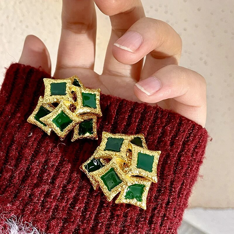 Ebakorrapärase geomeetriaga ruudukujuline roheline tilkuva glasuur Vintage elegantsed metallist kõrvarõngad naistele tüdrukute pidude ehted HUANZHI 2023 UUS