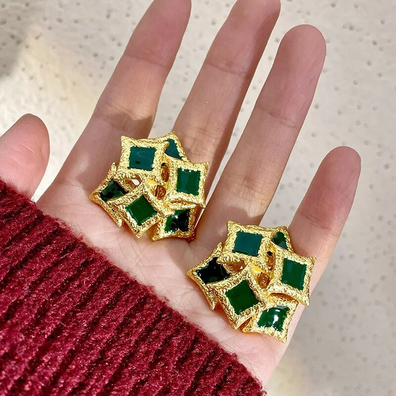 Ebakorrapärase geomeetriaga ruudukujuline roheline tilkuva glasuur Vintage elegantsed metallist kõrvarõngad naistele tüdrukute pidude ehted HUANZHI 2023 UUS