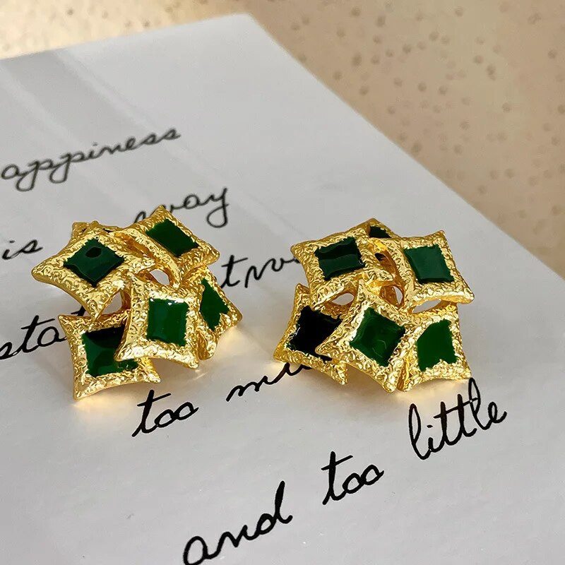 Ebakorrapärase geomeetriaga ruudukujuline roheline tilkuva glasuur Vintage elegantsed metallist kõrvarõngad naistele tüdrukute pidude ehted HUANZHI 2023 UUS