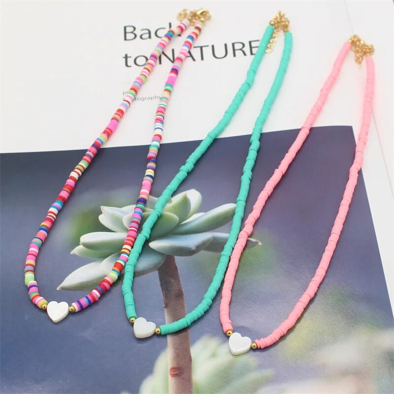 Modni boho perle od prirodnog srca u obliku školjke, ogrlica s privjeskom od 4 mm šarene ogrlice od polimerske gline, ručno rađen ženski nakit za plažu, poklon