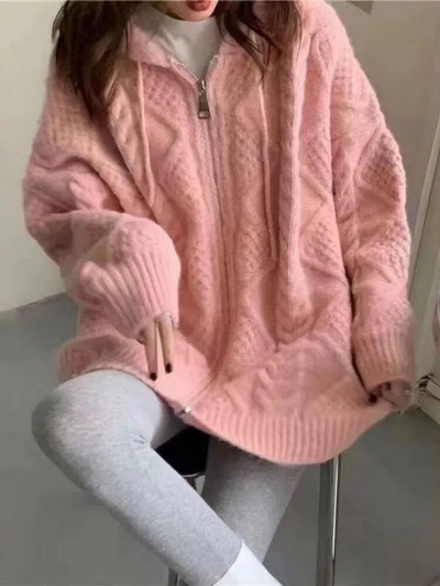 Rāvējslēdzēja jaka ar kapuci Twist džemperis Sieviešu korejiešu pavasara un rudens brīvs, biezs, garām piedurknēm adīts Top Trend y2k E-girl