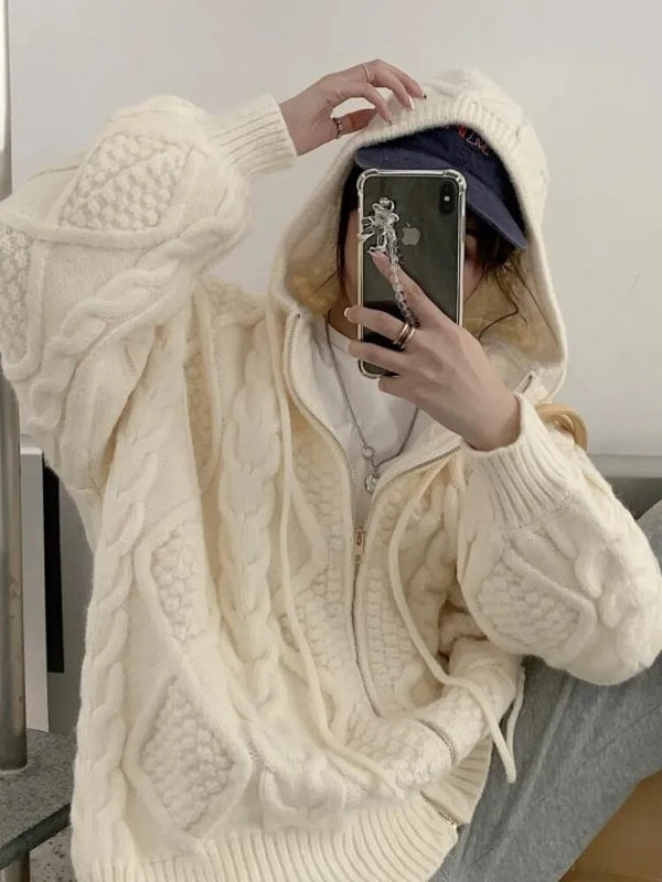 Rāvējslēdzēja jaka ar kapuci Twist džemperis Sieviešu korejiešu pavasara un rudens brīvs, biezs, garām piedurknēm adīts Top Trend y2k E-girl