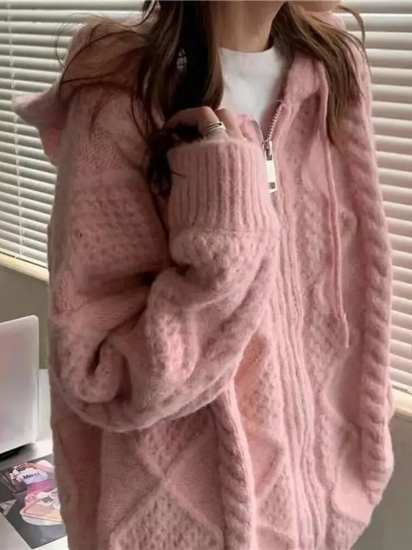 Rāvējslēdzēja jaka ar kapuci Twist džemperis Sieviešu korejiešu pavasara un rudens brīvs, biezs, garām piedurknēm adīts Top Trend y2k E-girl