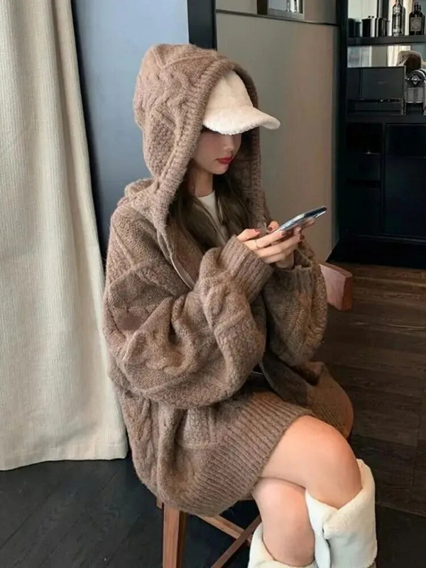 Rāvējslēdzēja jaka ar kapuci Twist džemperis Sieviešu korejiešu pavasara un rudens brīvs, biezs, garām piedurknēm adīts Top Trend y2k E-girl