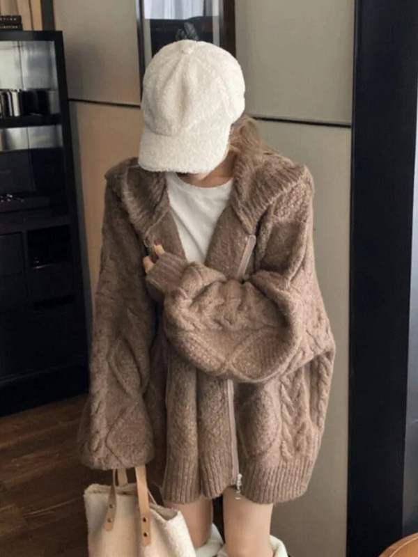 Rāvējslēdzēja jaka ar kapuci Twist džemperis Sieviešu korejiešu pavasara un rudens brīvs, biezs, garām piedurknēm adīts Top Trend y2k E-girl