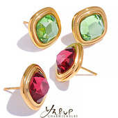 Yhpup nerūsējošā tērauda kvadrātveida ģeometriski zaļa sarkana stikla kristāla smalki auskari Bling ūdensizturīgi sievietēm pamata rotaslietas