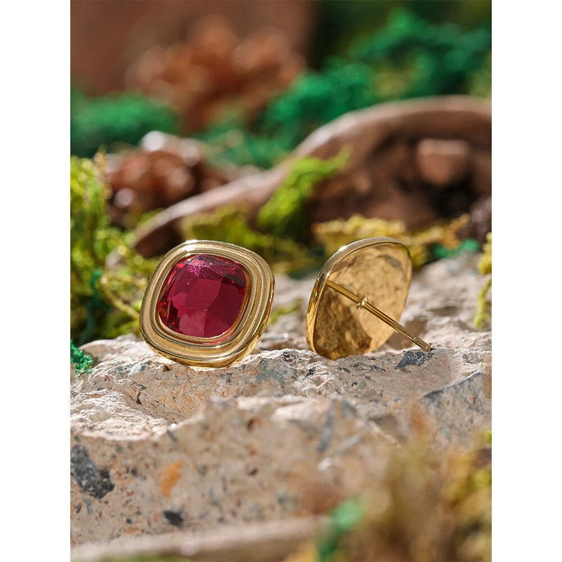 Yhpup nerūsējošā tērauda kvadrātveida ģeometriski zaļa sarkana stikla kristāla smalki auskari Bling ūdensizturīgi sievietēm pamata rotaslietas