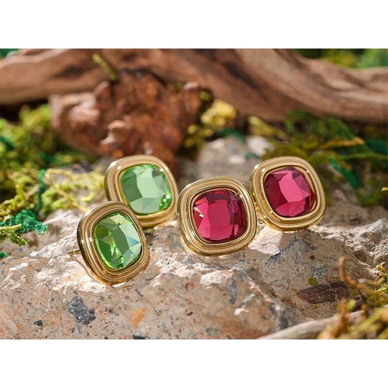 Yhpup nerūsējošā tērauda kvadrātveida ģeometriski zaļa sarkana stikla kristāla smalki auskari Bling ūdensizturīgi sievietēm pamata rotaslietas