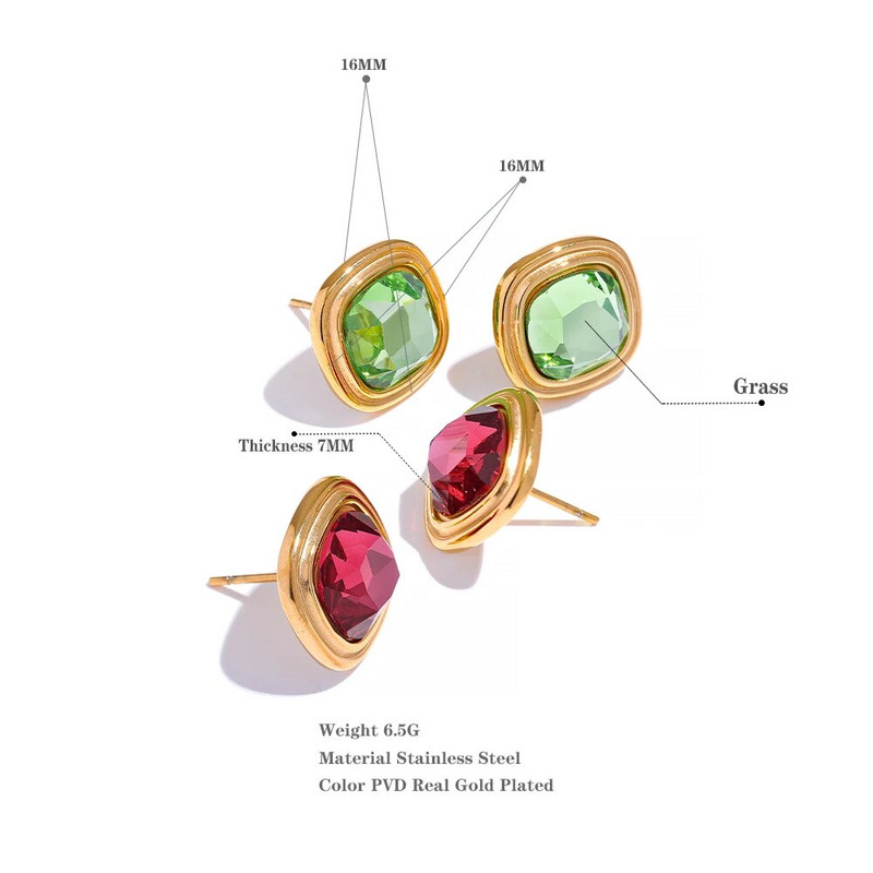 Yhpup nerūsējošā tērauda kvadrātveida ģeometriski zaļa sarkana stikla kristāla smalki auskari Bling ūdensizturīgi sievietēm pamata rotaslietas