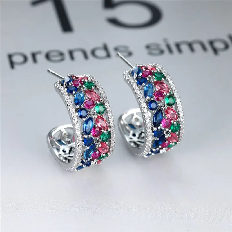 Jauki sieviešu zili cirkona auskari varavīksnes kristāla akmens ziedu auskari burvīgi sudraba krāsā kāzu auskari sievietēm