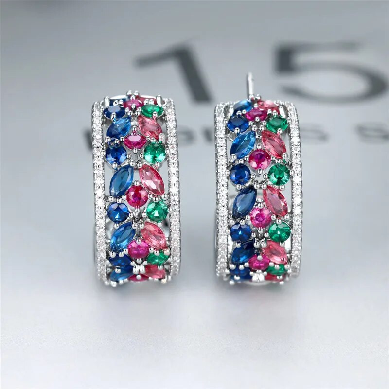 Jauki sieviešu zili cirkona auskari varavīksnes kristāla akmens ziedu auskari burvīgi sudraba krāsā kāzu auskari sievietēm