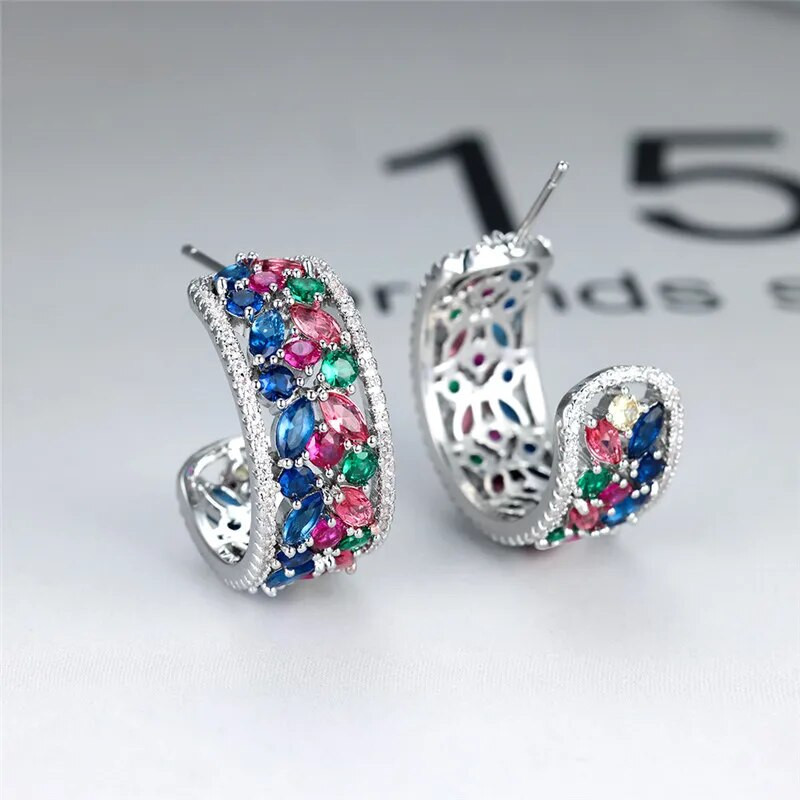 Jauki sieviešu zili cirkona auskari varavīksnes kristāla akmens ziedu auskari burvīgi sudraba krāsā kāzu auskari sievietēm