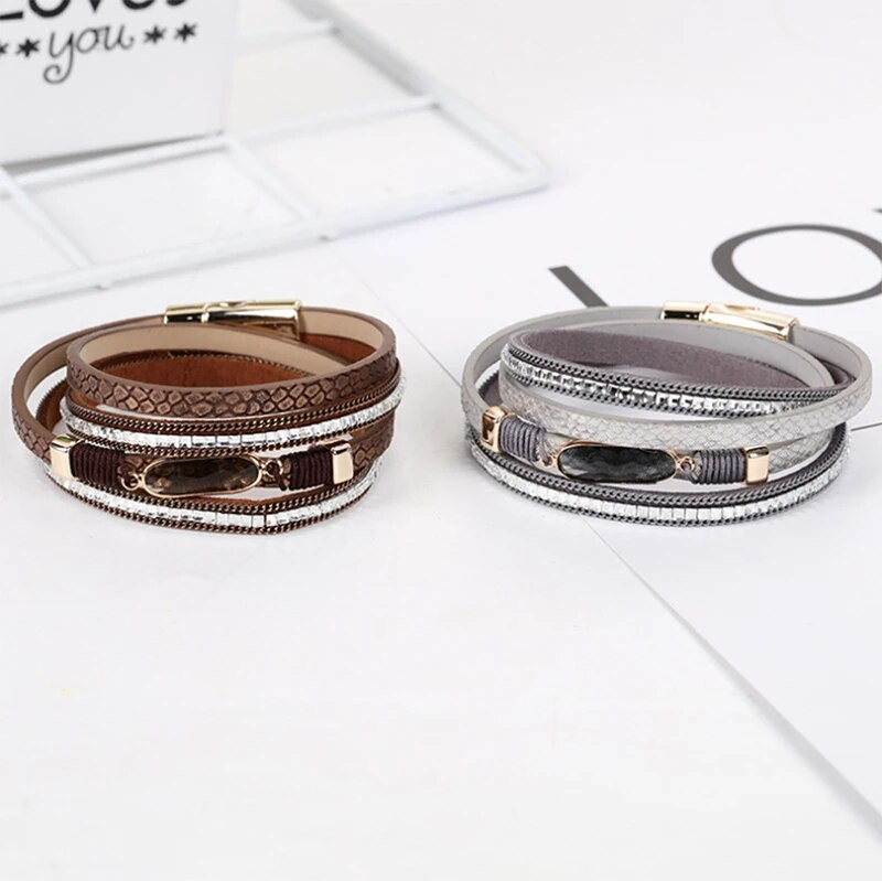 Modes ādas rokassprādzes sievietēm Rhinestone Charm Sieviešu Boho daudzslāņu plata ietīšanas rokassprādze Sieviešu kāzu aksesuāriRotaslietas