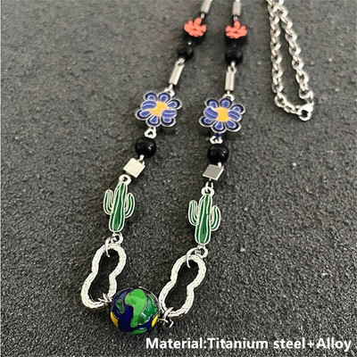 Hip Hop Punk personalizēta zemes kaktusa pakavs zieds ar melnu krellēm, gara kombinēta kaklarota