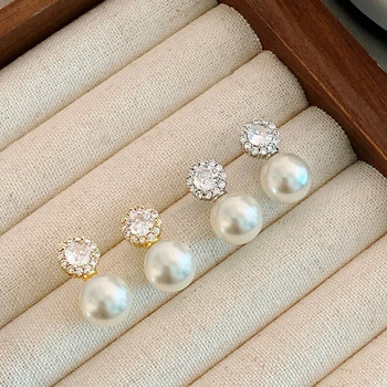 Френски романтични прости кръгли перлени обеци с циркон за момичета 2023 г. Нови модни бижута Луксозни аксесоари за дамски уши