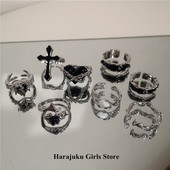 Punk Harajuku Goth Thorns Melns Sudraba Krāsa Neregulārs Sirds krusts Atvērts Gredzens Sievietēm Vīrieši Mīļākais Vintage 90s Y2K Grunge Jewelry