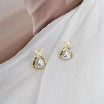 Нови корейски перлени триъгълни обеци със златен цвят, метален кръст, малки обеци за жени, сладки, елегантни женски бижута за уши brincos