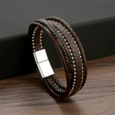 Jauna pīta ādas vīriešu rokassprādze Klasiska ar rokām austa magnētiskā sprādze Daudzslāņu ādas aproce vīriešiem rotaslietas dāvana