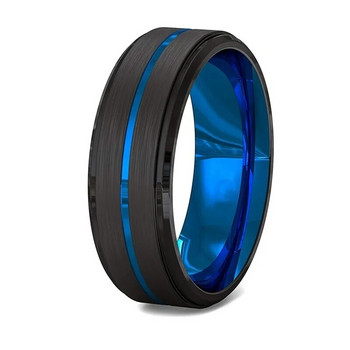 FDLK Мъжка мода 8 мм черен пръстен от неръждаема стомана с ръбове на стълба със син жлеб Мъжки брачен пръстен Подаръци за мъже