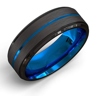 FDLK  Men`s fashion 8MM Black Brushed Ladder Edge Stainless Steel Ring Blue Groove Men Wedding Ring Gifts For Men