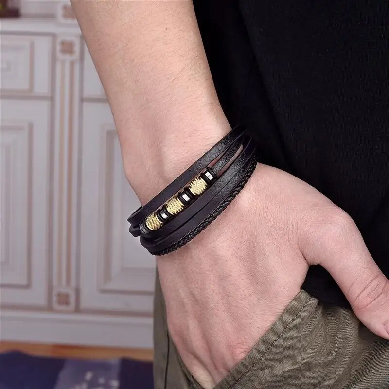 Klasiska nerūsējošā tērauda vīriešu ādas rokassprādze Ar rokām austas daudzslāņu kombinētās fāzēm rokassprādzes rotaslietas vairumtirdzniecība dropshipping