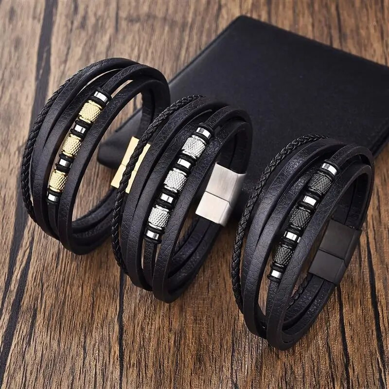 Klasiska nerūsējošā tērauda vīriešu ādas rokassprādze Ar rokām austas daudzslāņu kombinētās fāzēm rokassprādzes rotaslietas vairumtirdzniecība dropshipping