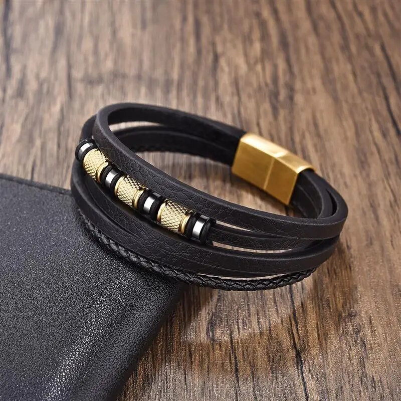 Klasiska nerūsējošā tērauda vīriešu ādas rokassprādze Ar rokām austas daudzslāņu kombinētās fāzēm rokassprādzes rotaslietas vairumtirdzniecība dropshipping